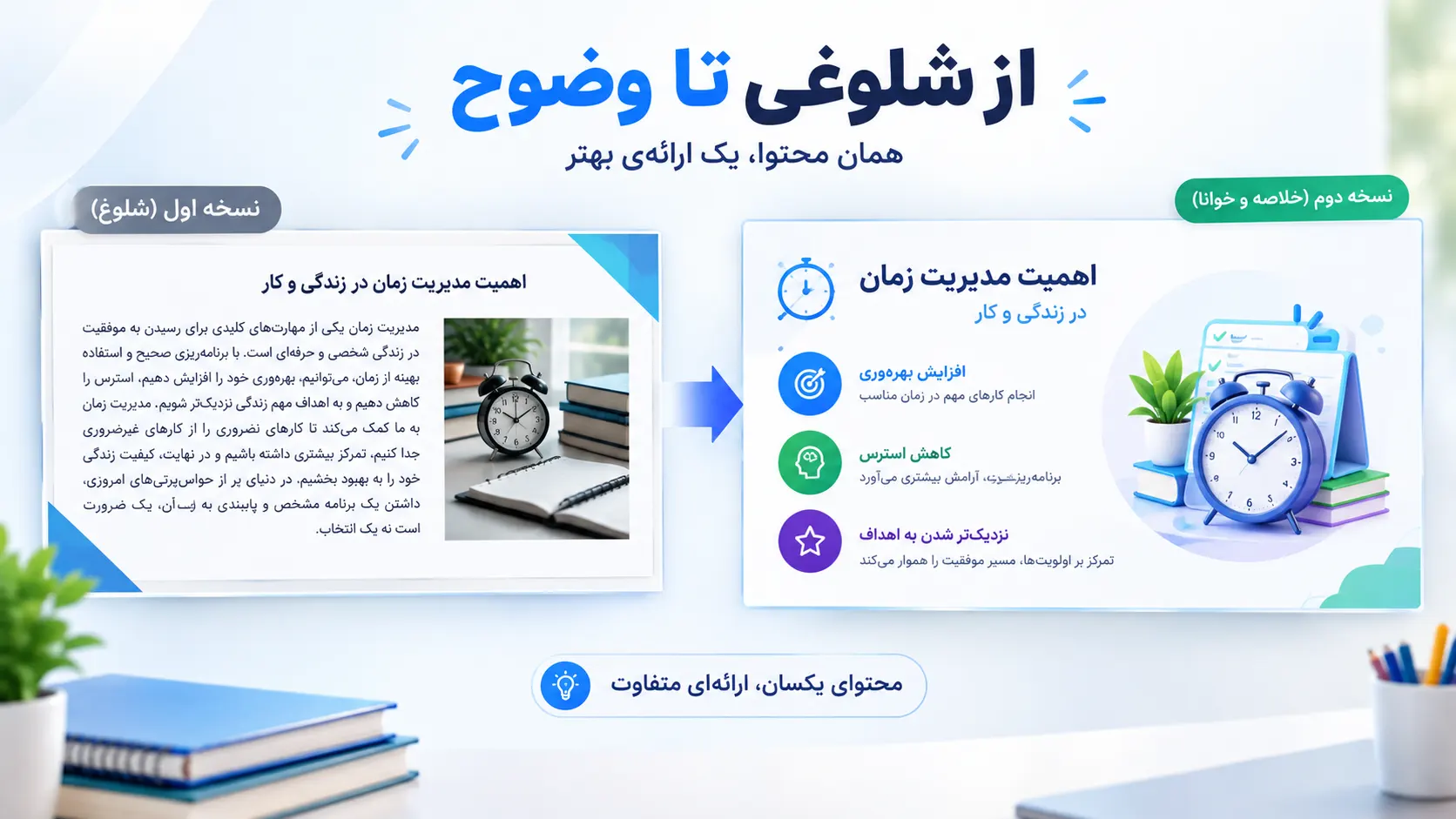 مقایسه یک اسلاید شلوغ با نسخه خلاصه و خوانای همان محتوا