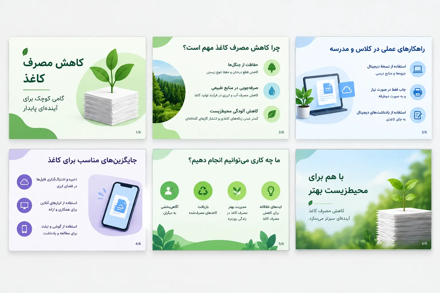 طرح ششاسلایدی یک ارائه کلاسی درباره کاهش مصرف کاغذ